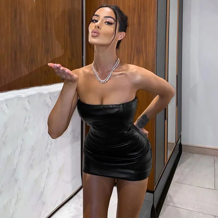 Strapless Faux Leather Mini Dress - ROXEN