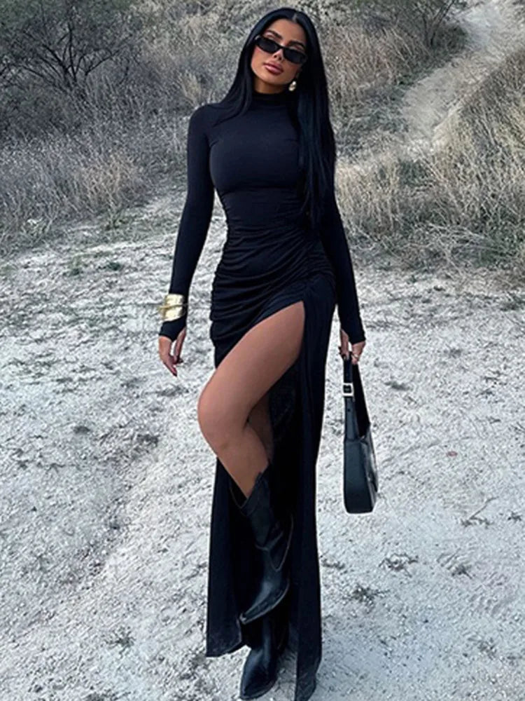 Maxi Dress with Ruching, Turtleneck, and Deep Slit - Sasha