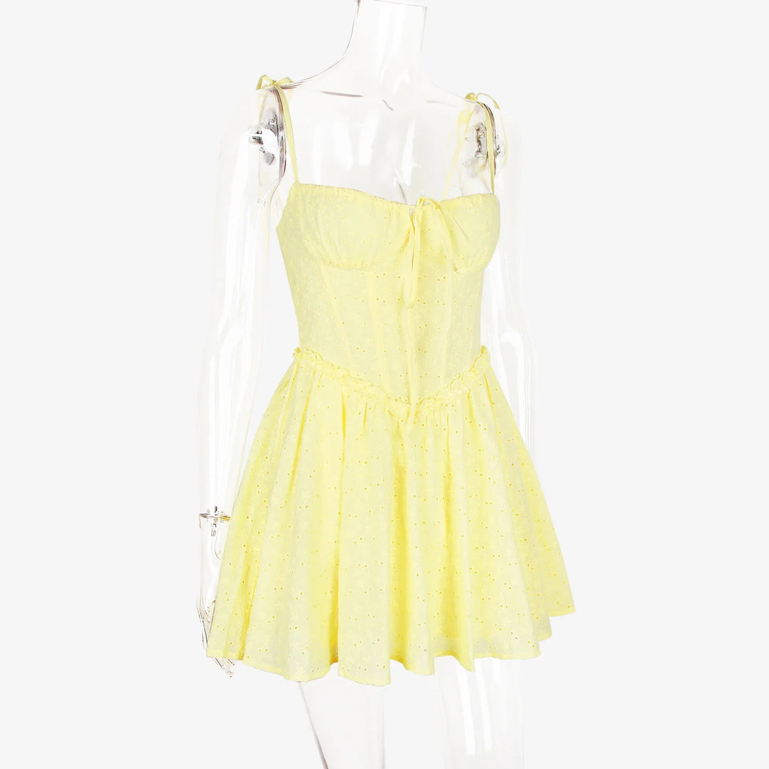 A-Line Mini Dress with Embroidery and Tie Straps - GAYA