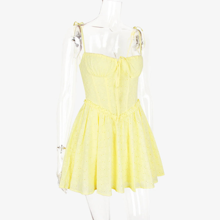 A-Line Mini Dress with Embroidery and Tie Straps - GAYA