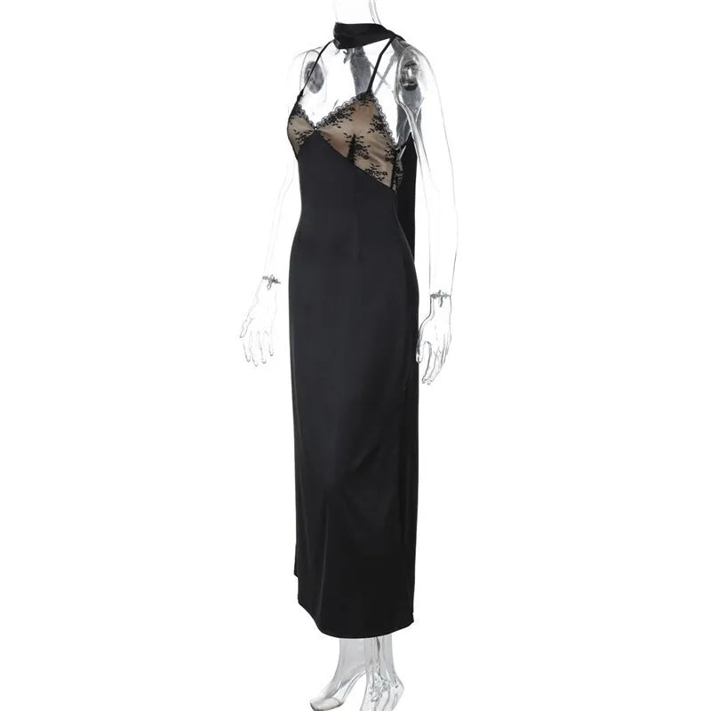 Maxi satin dress with lace decoration and matching scarf, open back - Liset