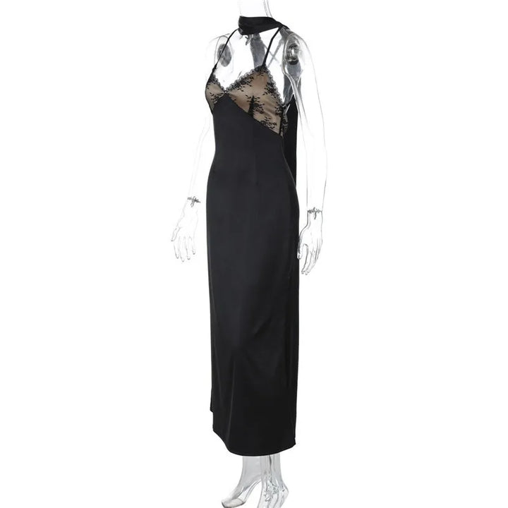 Maxi satin dress with lace decoration and matching scarf, open back - Liset