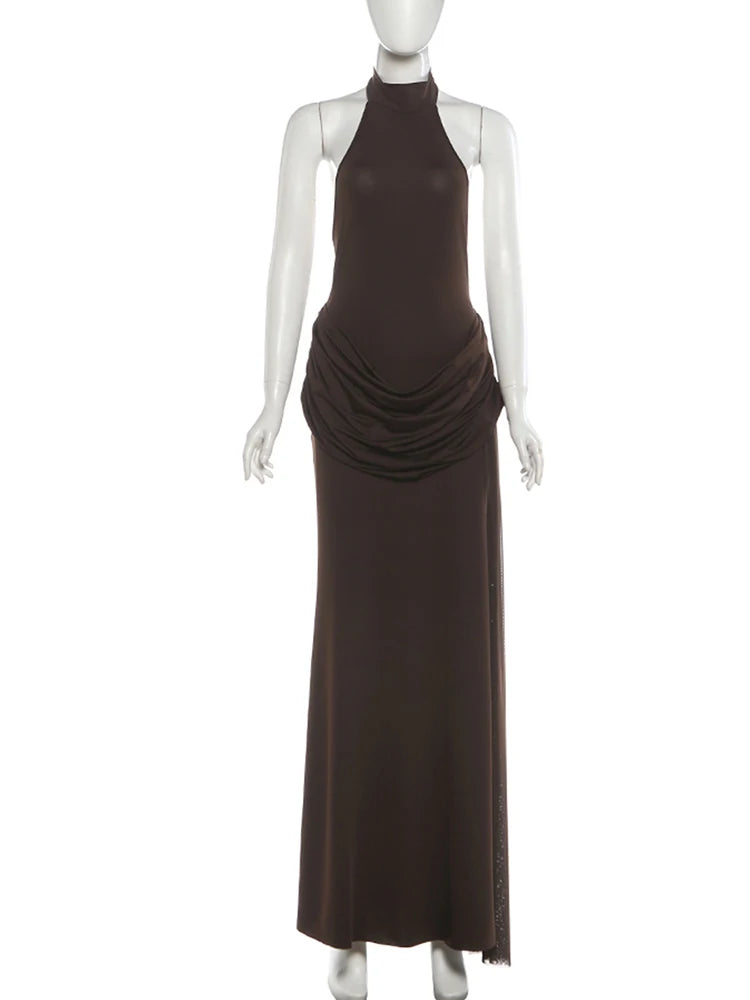 Maxi Dress with Collar, Open Back, Pleats, and Slit - Bianca