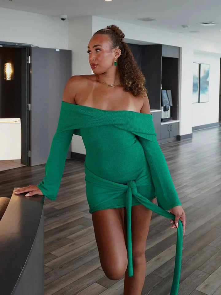 Knitted mini dress with off-shoulder tie design - Karin