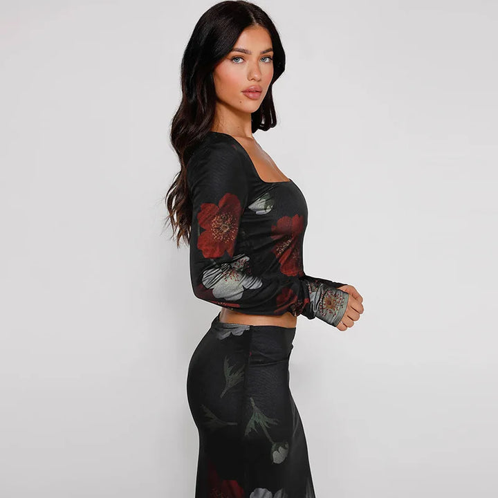 Elegant Floral Set: Maxi Skirt and Blouse - Malvina