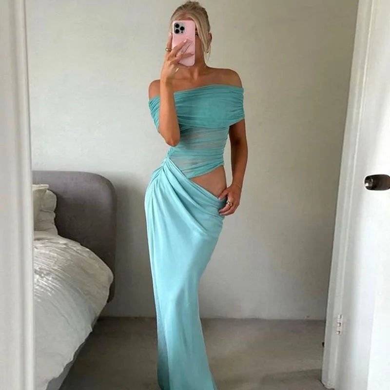 Maxi dress with ruching, mesh design and off-shoulder - Keshet
