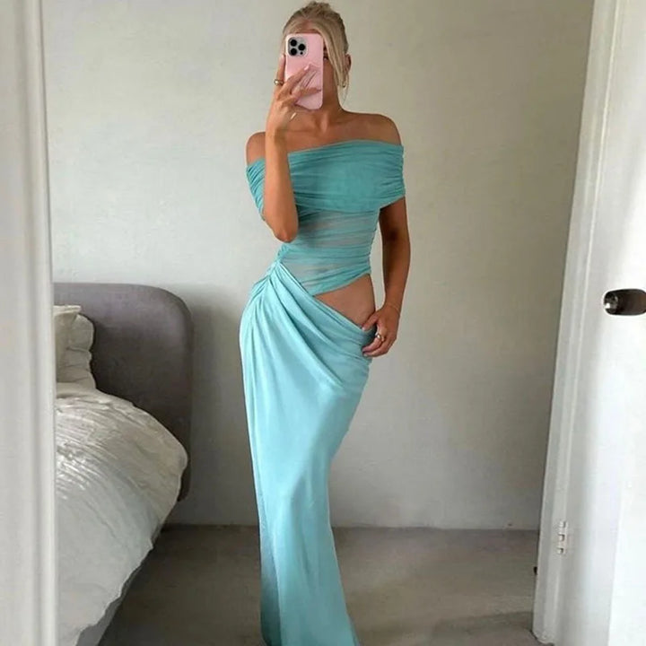 Maxi dress with ruching, mesh design and off-shoulder - Keshet
