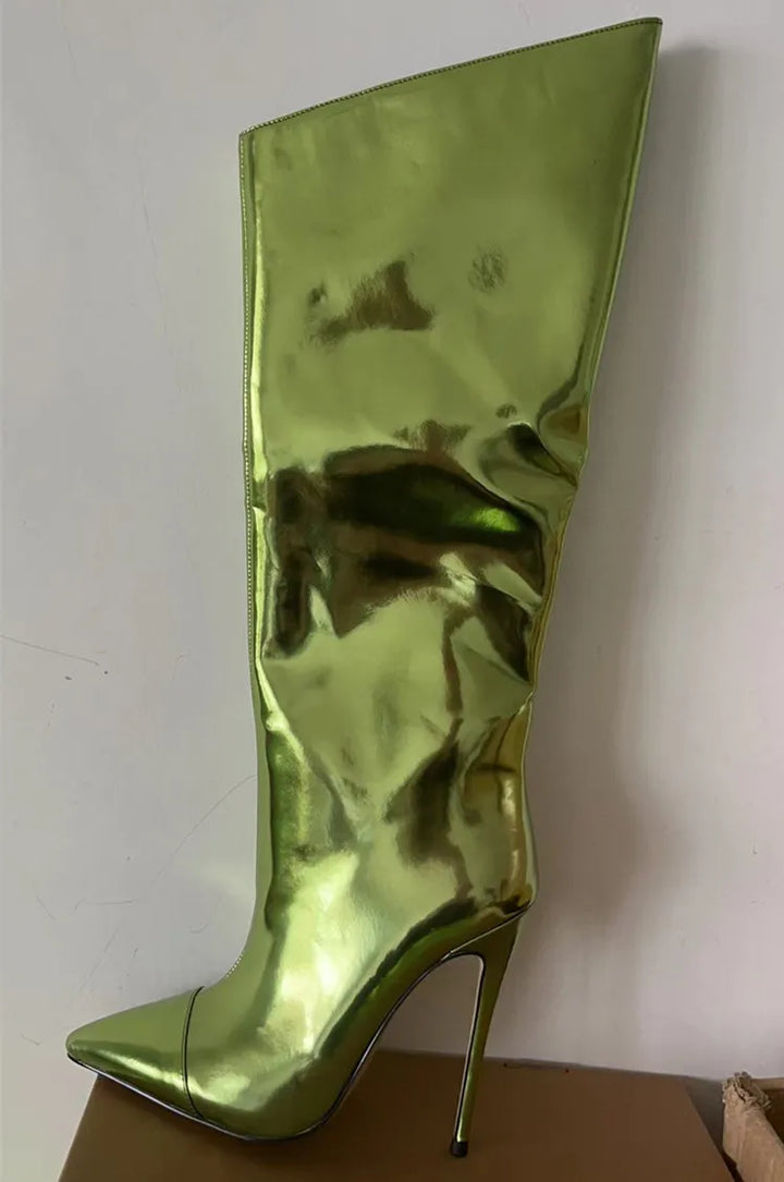 High Pointed Toe Heel Boots with Glossy Leather Design - Sloane