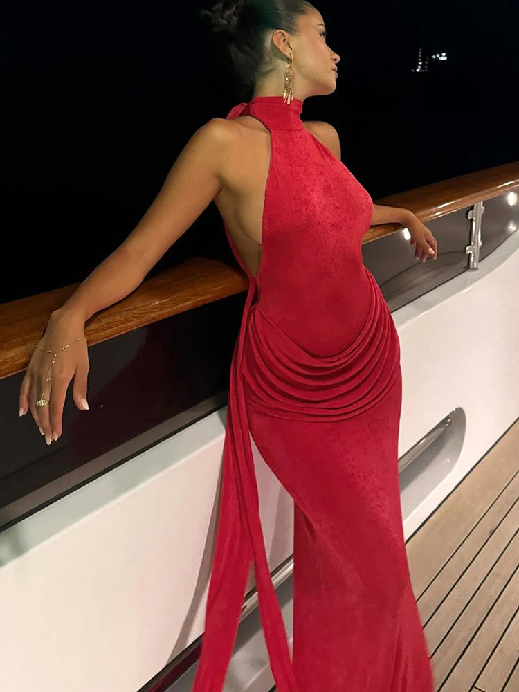 Velvet Collar Maxi Dress with Open Back and Pleats - Ciara