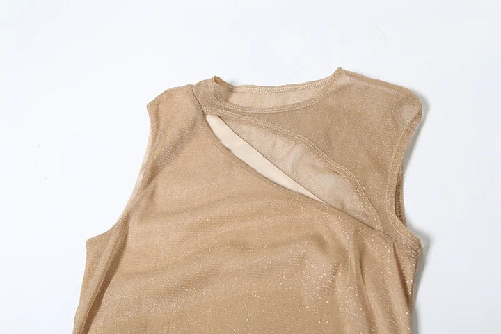 Maxi Mesh Sequin Dress with Ruching and Tie Detail with Slit - August