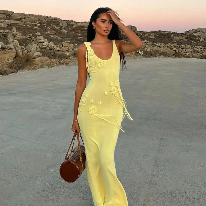 Knitted Beach Maxi Dress with Flower Appliqué Detail - Holly