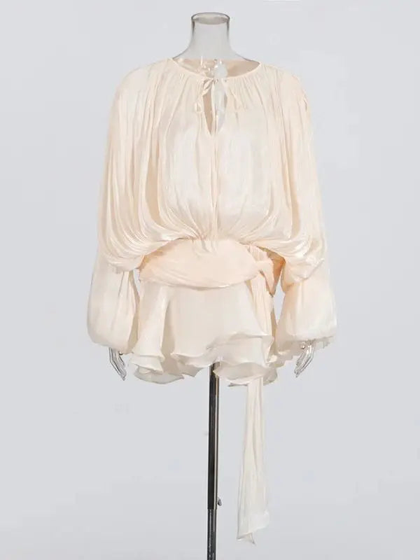 Ruched Mini Dress with Ruffle Detail, Shiny Chiffon Fabric - Lucille