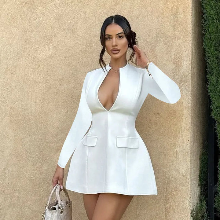 A-Line Mini Dress with Deep Neckline and Pocket Details - Bianca