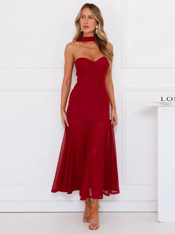 Maxi Collar Dress with Chiffon Detail and Open Back - Rachel