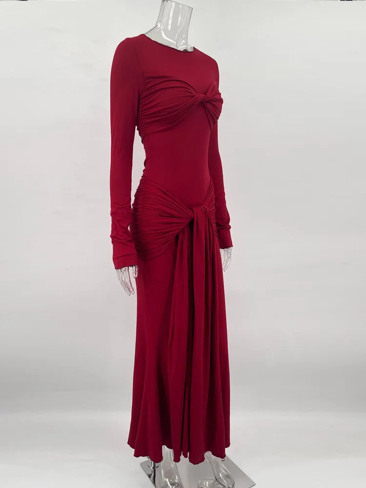 Modest Maxi Dress with Ruching and Tie Detail - Nahev