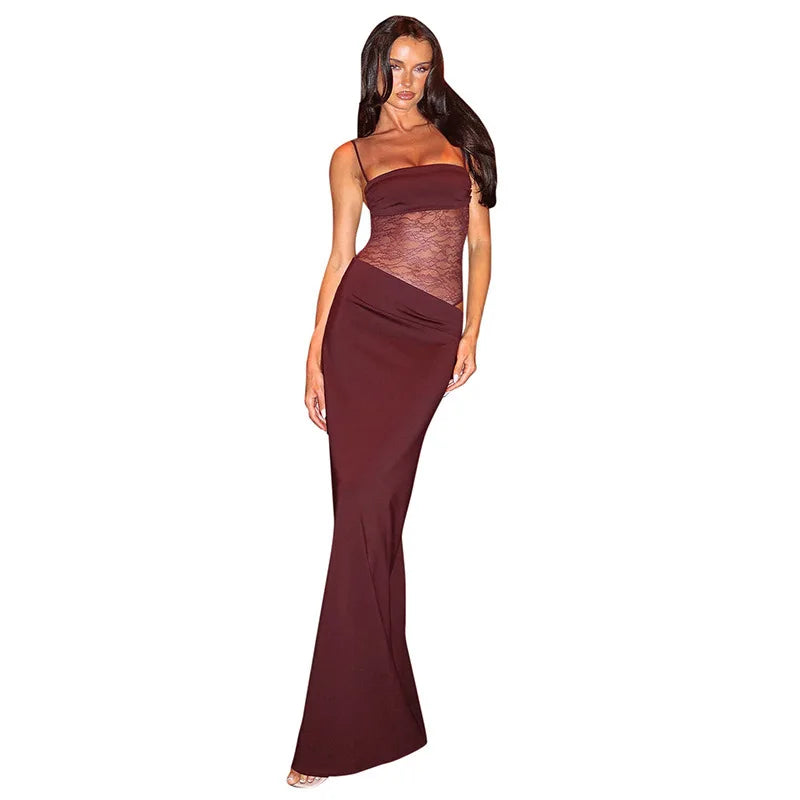 Elegant Maxi Dress with Lace and Tie Straps - Indigo