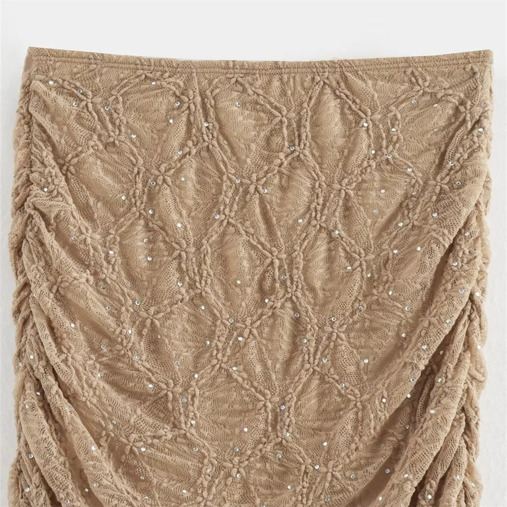Two-piece set with one-shoulder top and midi skirt with pleats, lace, and rhinestone decoration - MELLISA