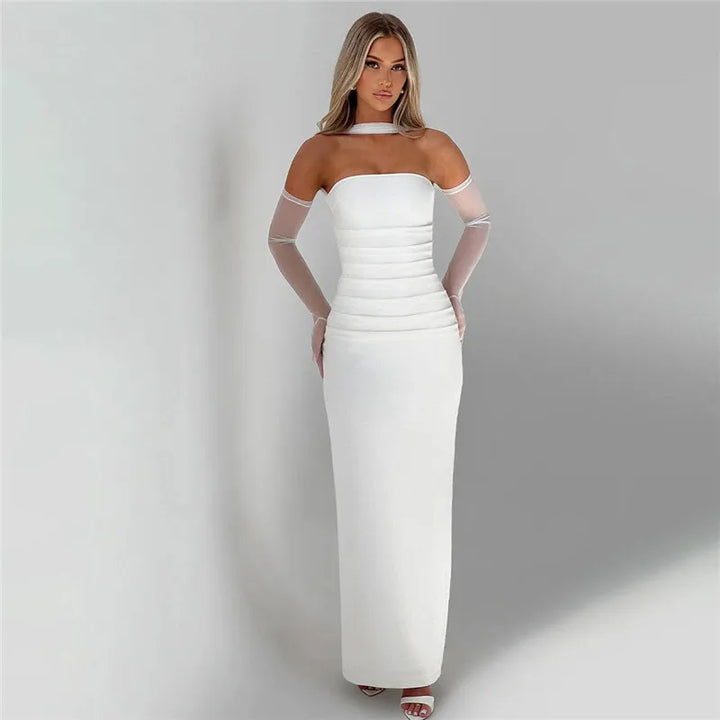 Maxi strapless dress with glove and chiffon scarf decoration - Annabel
