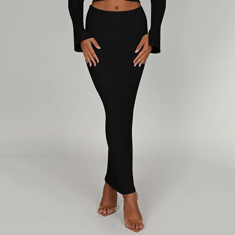 Knitted two-piece set: button-up shirt and fitted maxi skirt - MARIEL