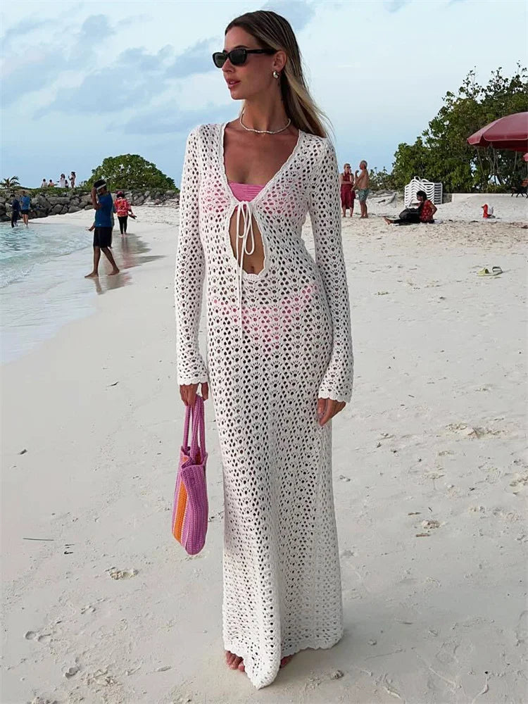 Crochet Maxi Dress with Tie Detail on Chest - Halo