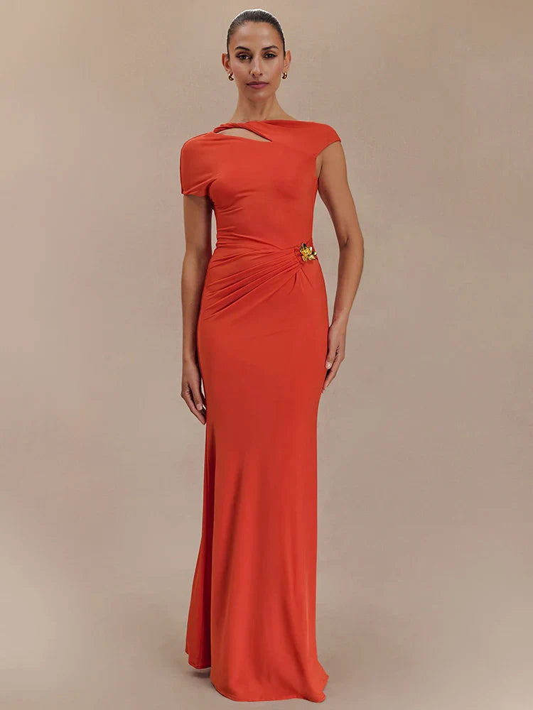Elegant Maxi Dress with Ruching, One Sleeve, and Buckle Detail - Agatha