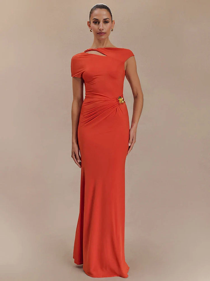 Elegant Maxi Dress with Ruching, One Sleeve, and Buckle Detail - Agatha
