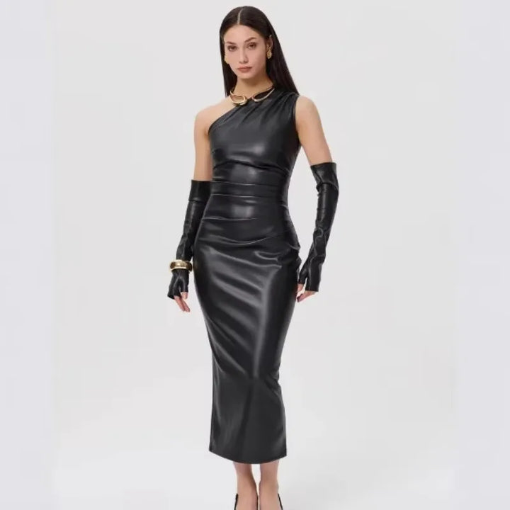 One-Shoulder Faux Leather Maxi Dress with Glove Detail - Thea