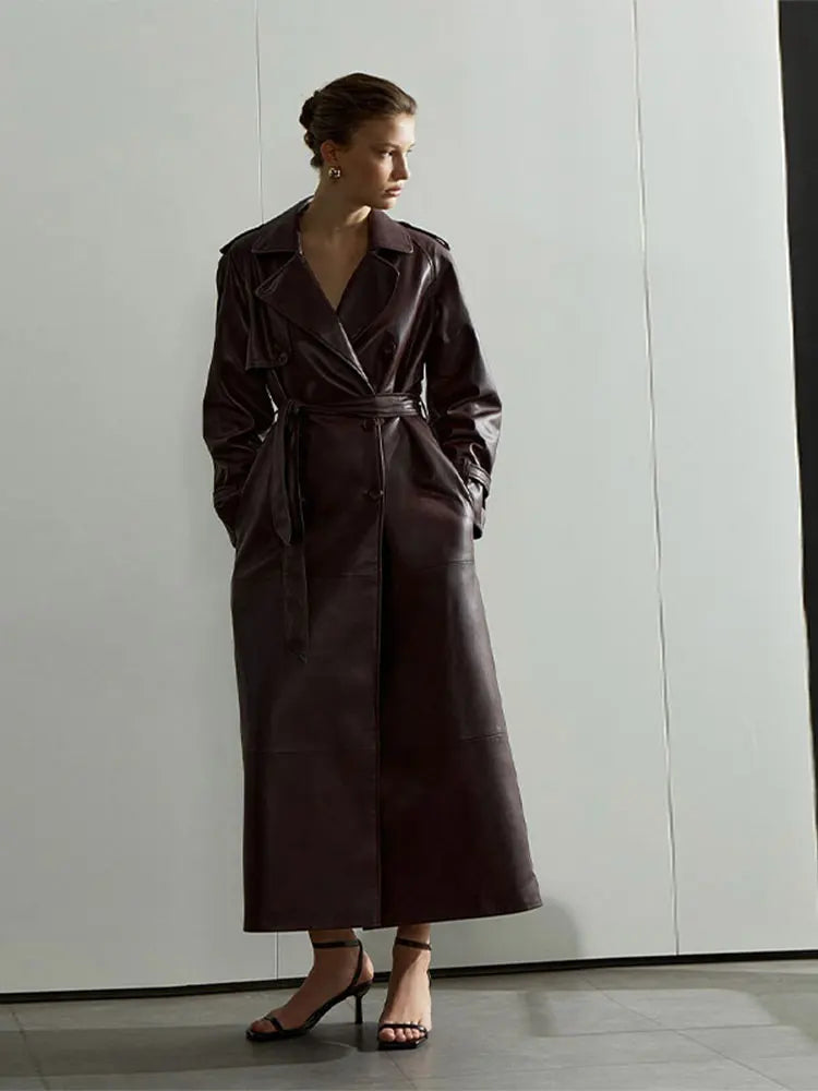 Long Leather Coat with Button Details and Tie Belt - LARA