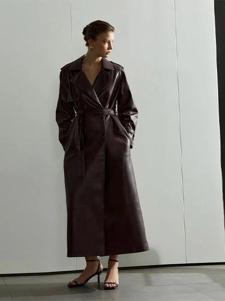 Long Leather Coat with Button Details and Tie Belt - LARA