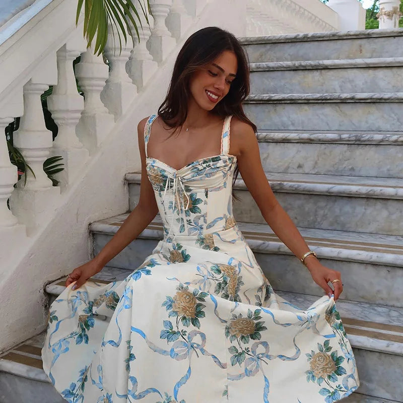 Elegant floral print midi A-line dress - Florine
