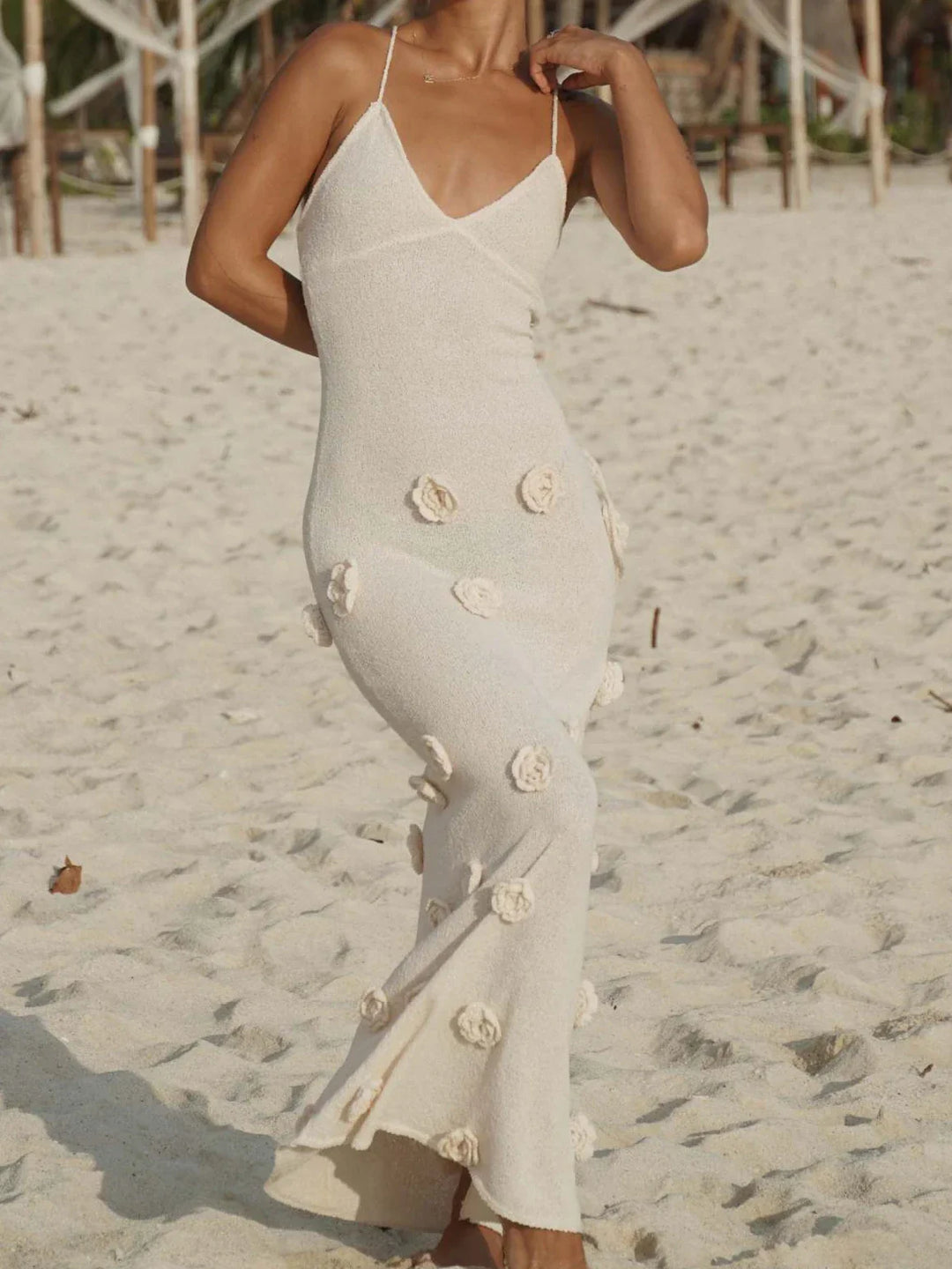 Knitted Maxi Dress with Floral Appliqués and Back Tie Detail - Malaya