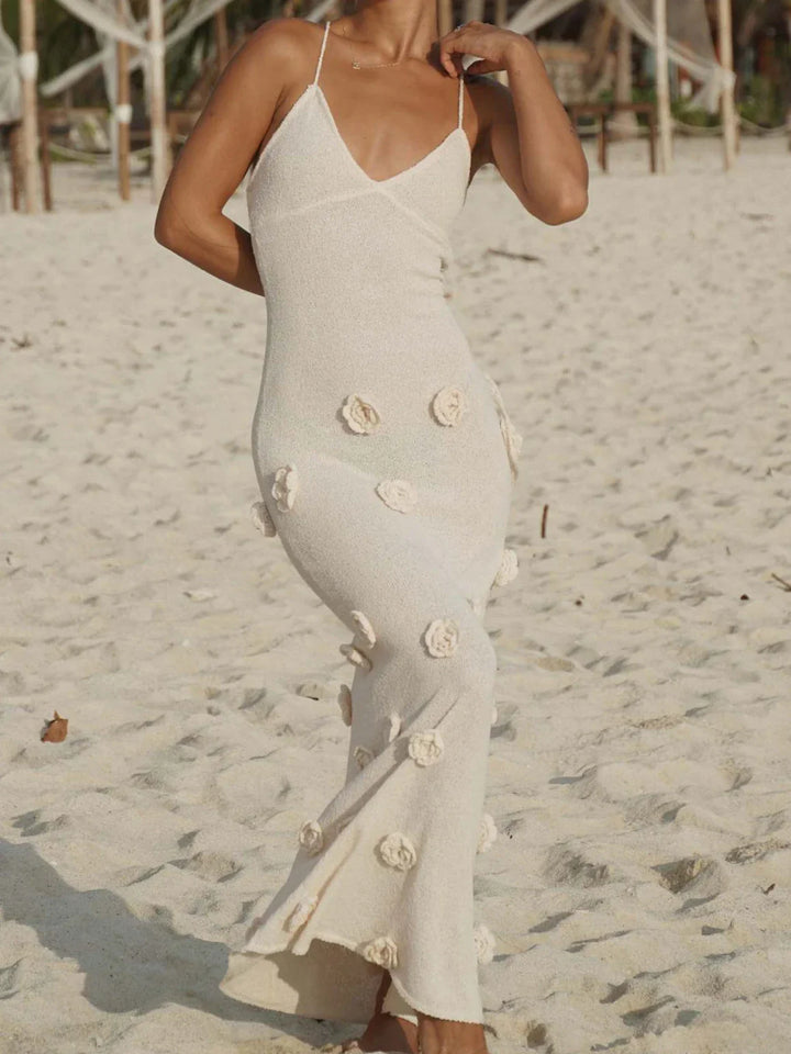 Knitted Maxi Dress with Floral Appliqués and Back Tie Detail - Malaya