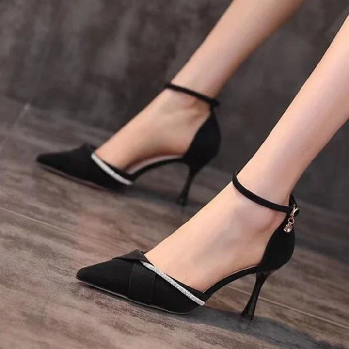 Faux Leather Pointed Heels with Rhinestone Decoration - Mila