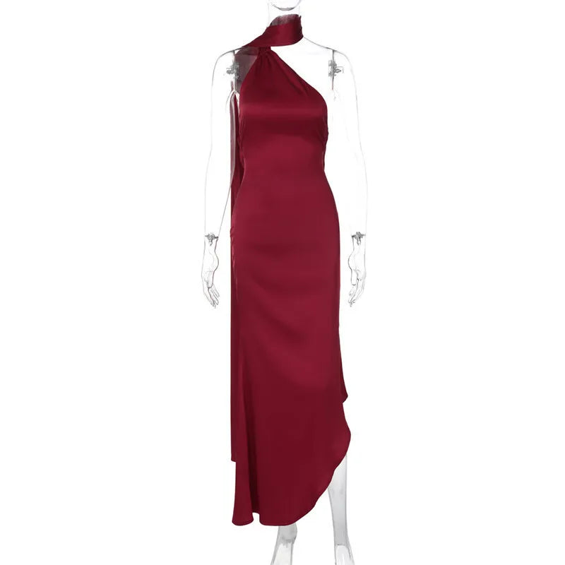 Asymmetric satin maxi dress with neck wrap design - Angela