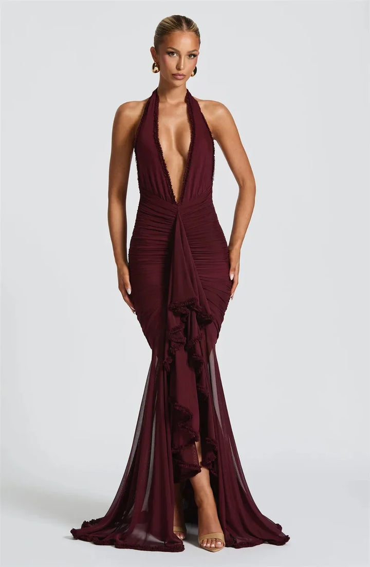 Maxi chiffon dress with ruffles, tie neck, and open back - MARGARITA