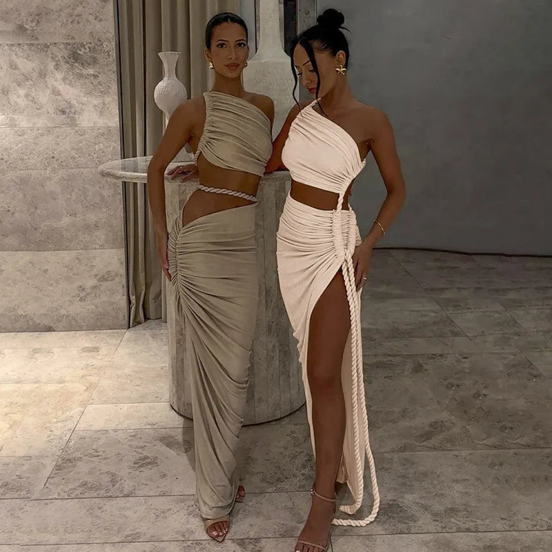 Maxi One-Shoulder Dress with Cutout and Slit, Braided Detail - Panama
