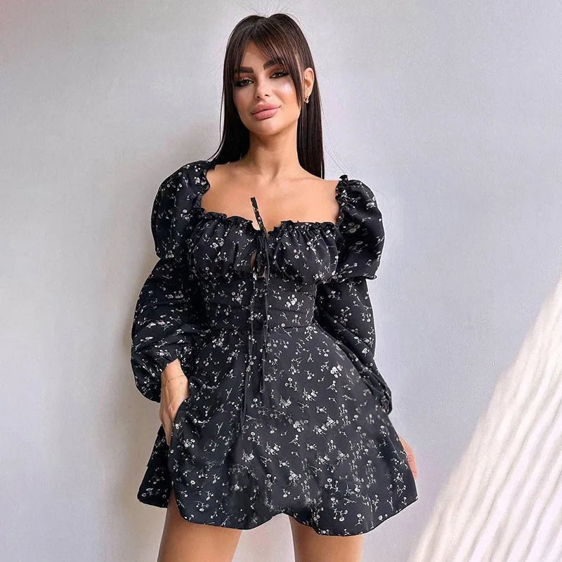 Floral ruffled mini dress with puff sleeves in a rustic style - Heidi