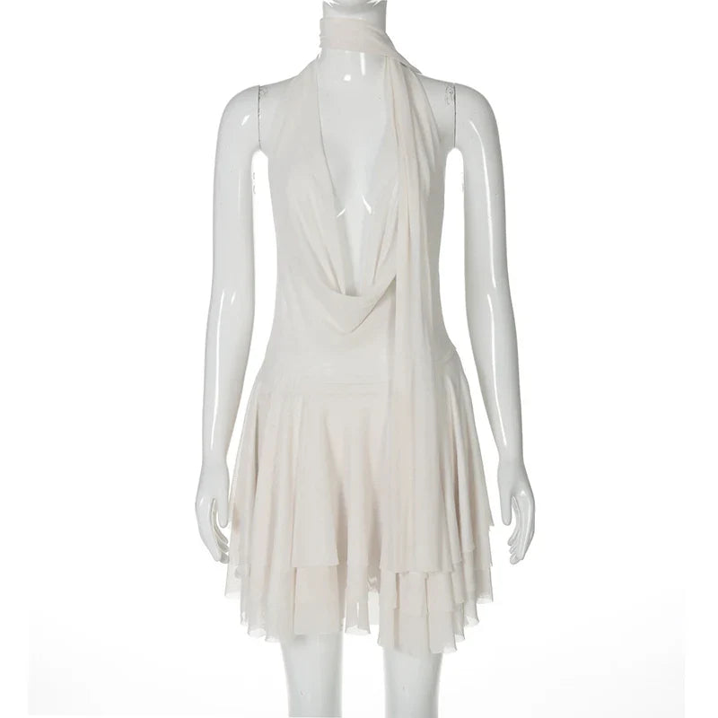 Chiffon Mini Dress with Ruffle, Open Back, Dropped Collar, and Matching Scarf Decoration - Lexi