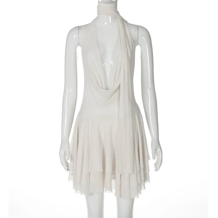 Chiffon Mini Dress with Ruffle, Open Back, Dropped Collar, and Matching Scarf Decoration - Lexi