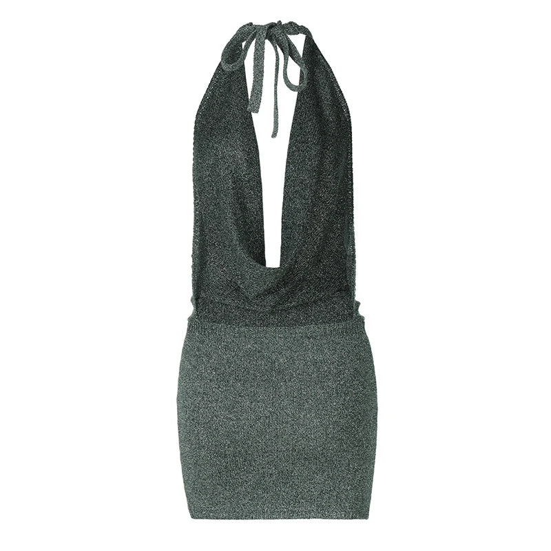 Knitted Sequin Mini Dress with Dropped Collar and Open Back - Kesem