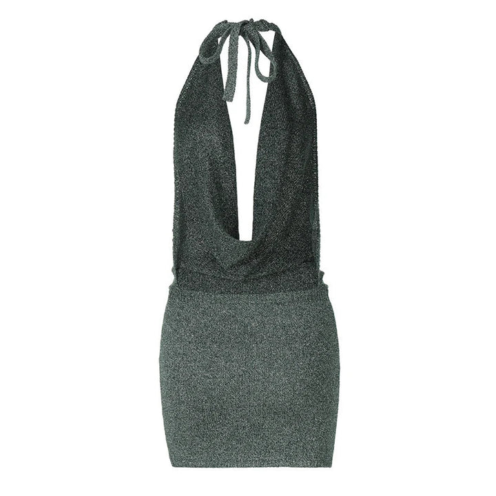 Knitted Sequin Mini Dress with Dropped Collar and Open Back - Kesem