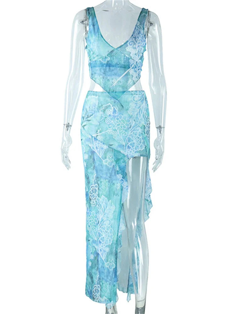 Two-Piece Set with Tropical Print, Top and Ruffled Maxi Skirt with Slit - MAYA