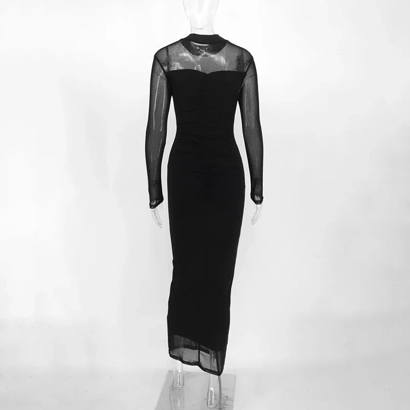 Ruched Shaping Fabric Maxi Dress with Flattering Mesh Design - Amelia