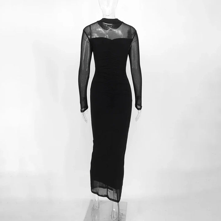 Ruched Shaping Fabric Maxi Dress with Flattering Mesh Design - Amelia