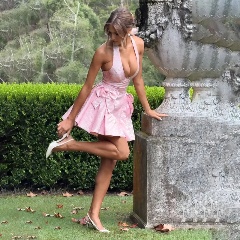 A-line mini dress with neck tie and embroidered floral illustration with bow details - Carolina