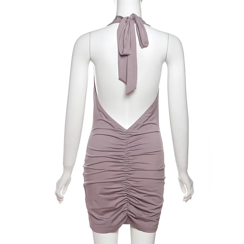 Mini Dress with Dropped Collar, Mesh, Sparkling Sequins, Ruching on Hips, and Neck Tie - Linda