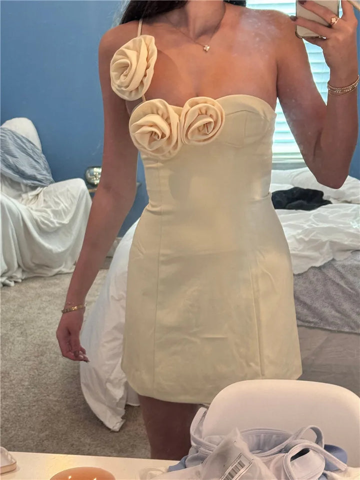 Mini Dress with Floral Applique and One Shoulder Strap - Annika