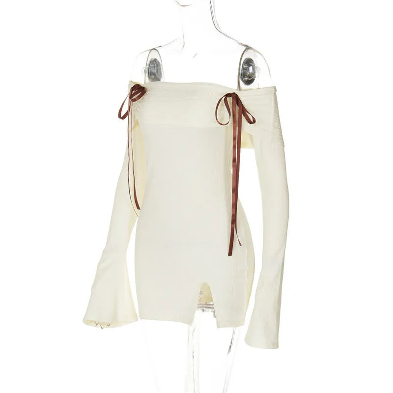 Knitted mini dress with off-shoulder and bow ribbon decoration - Yanga