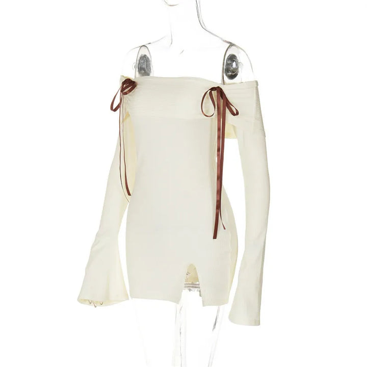 Knitted mini dress with off-shoulder and bow ribbon decoration - Yanga