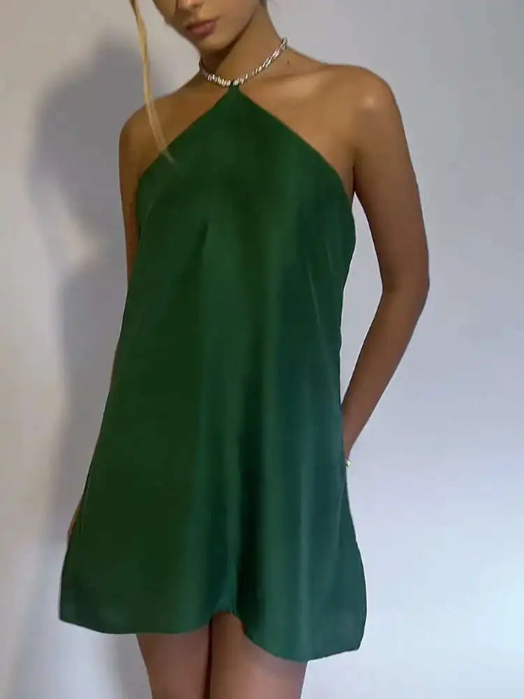 Satin mini dress with sparkling sequin threads tied at neck - Colin